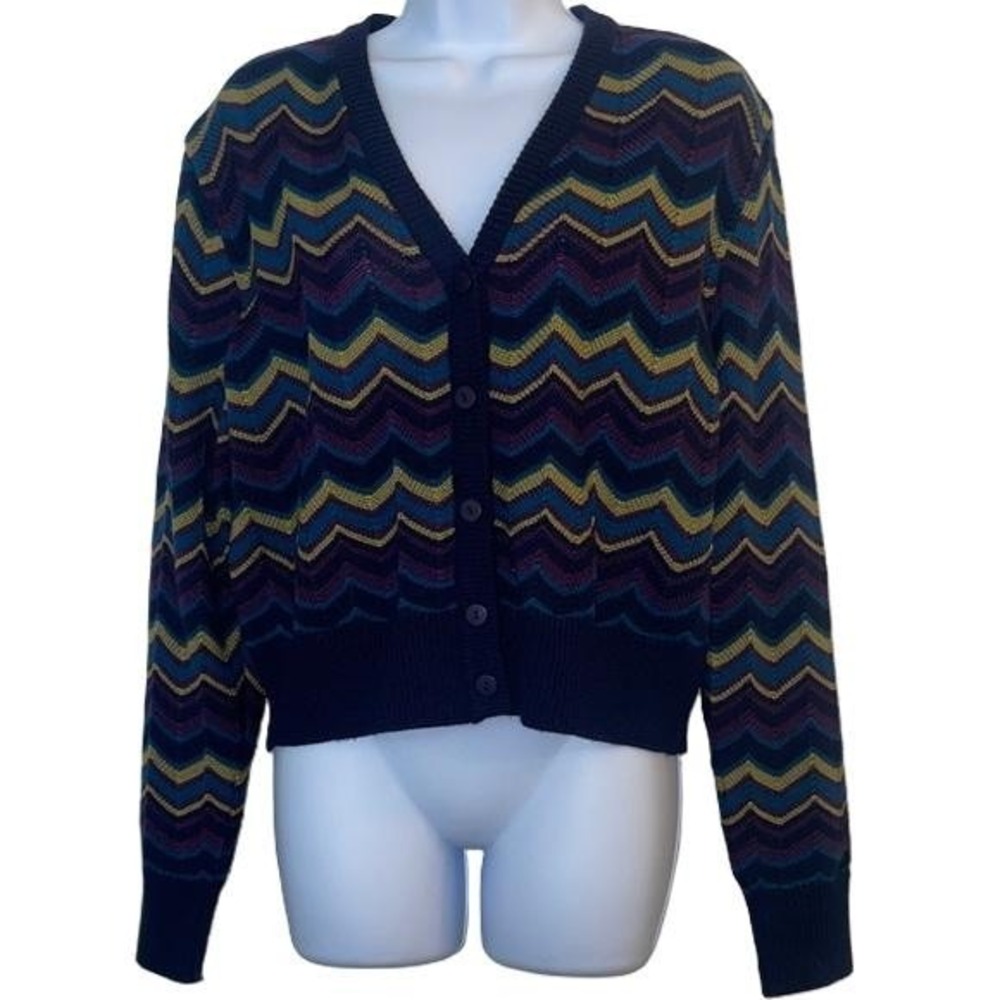 Nina Charles Cardigan Womens L Kasper ASL Zigzag Chevron Navy Multi Wool Blend